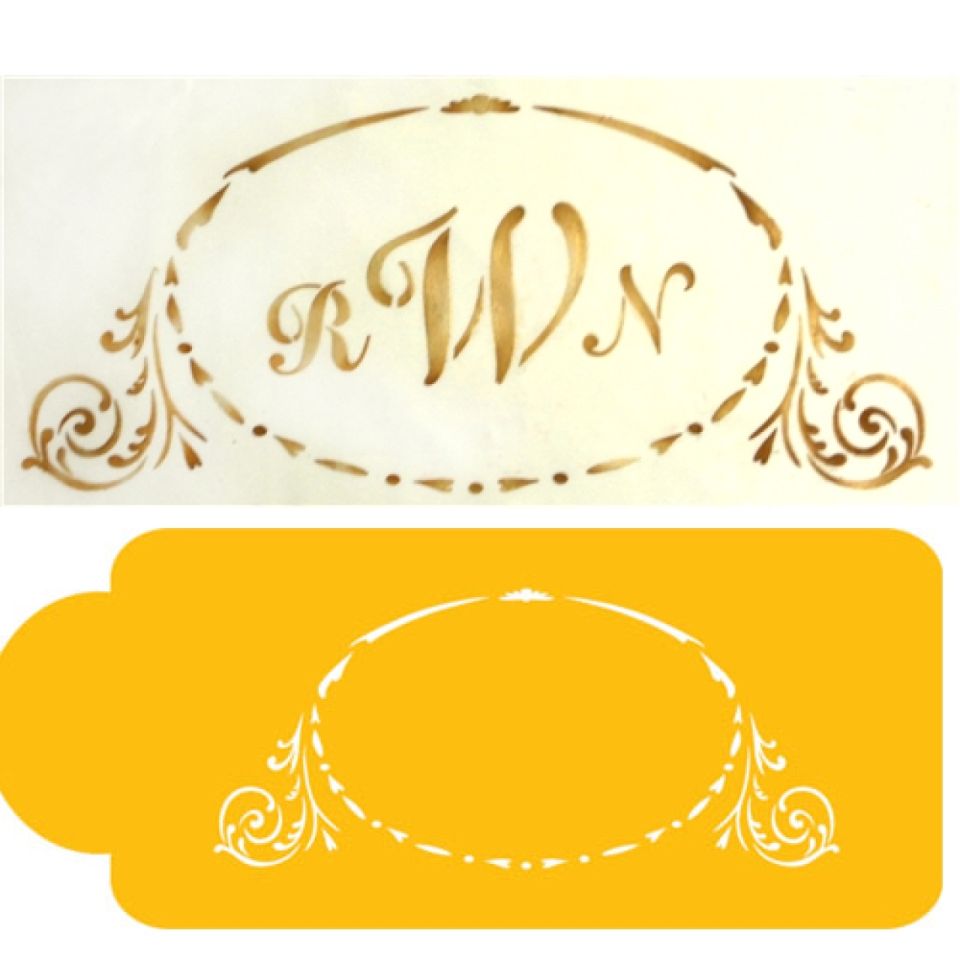 schablone monogram oval crest royal icing airbrush 9x20 cm