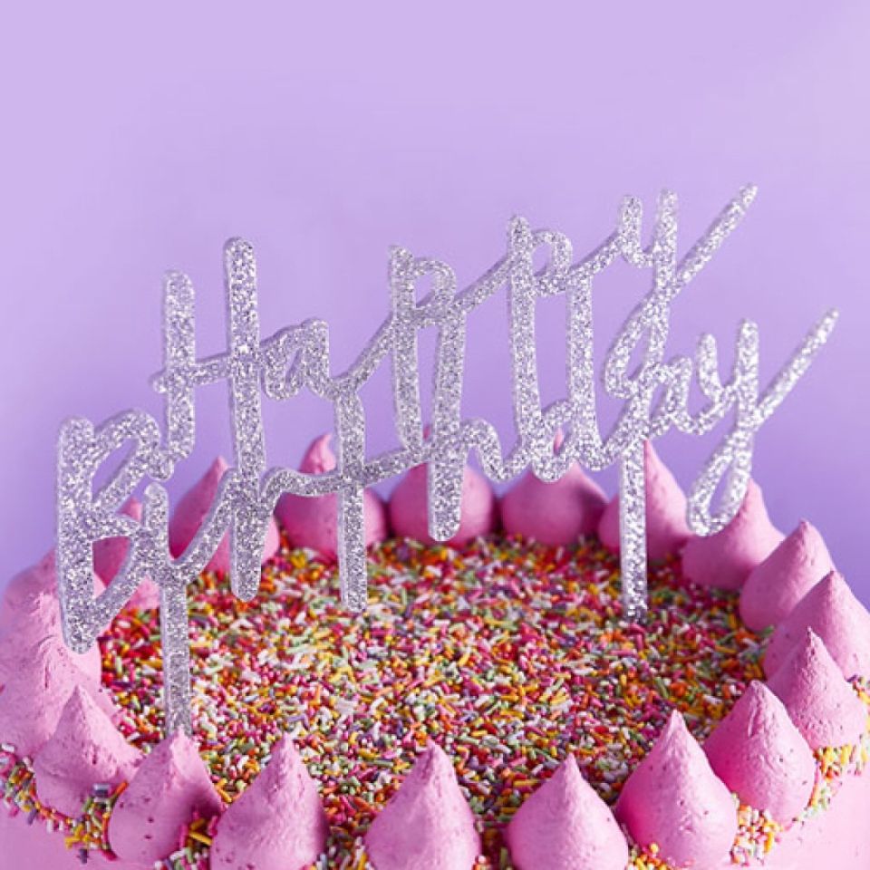 torten topper happy birthday silber acryl