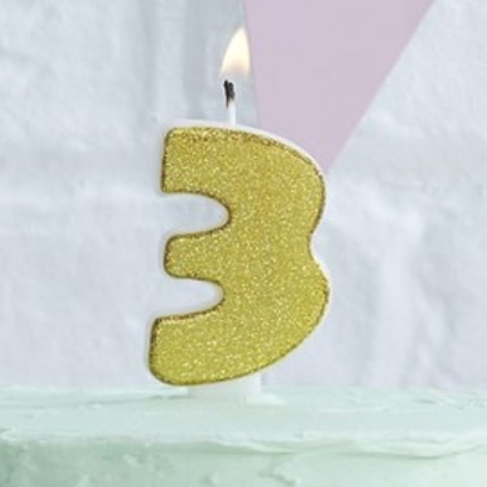 tortenkerze mit glitzer zahl 3 gold