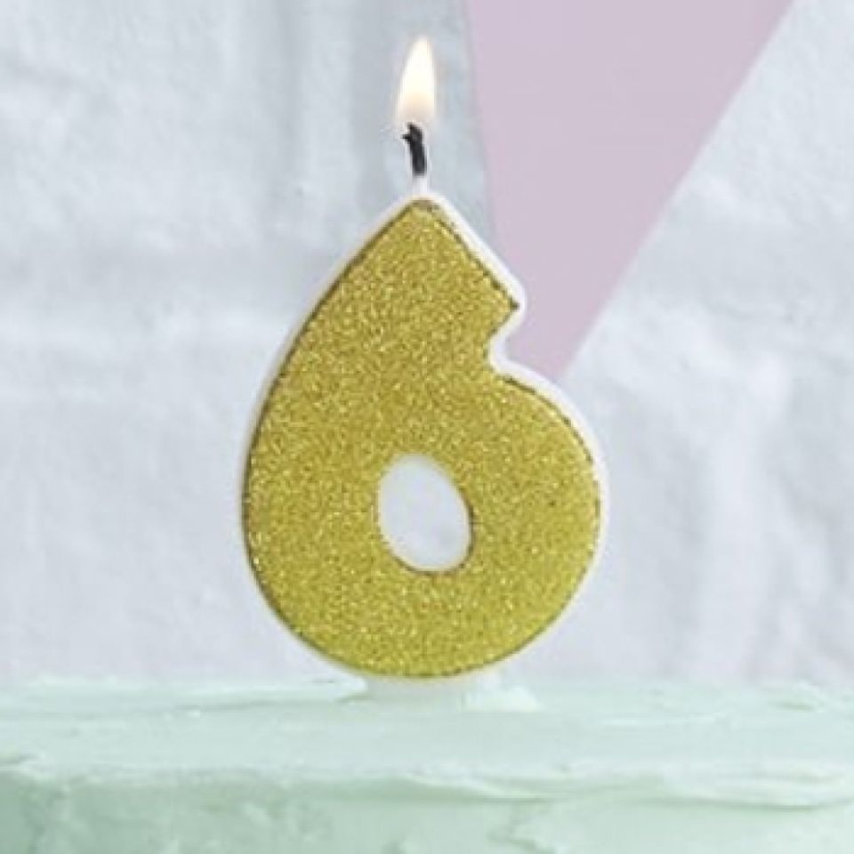 tortenkerze mit glitzer zahl 6 gold