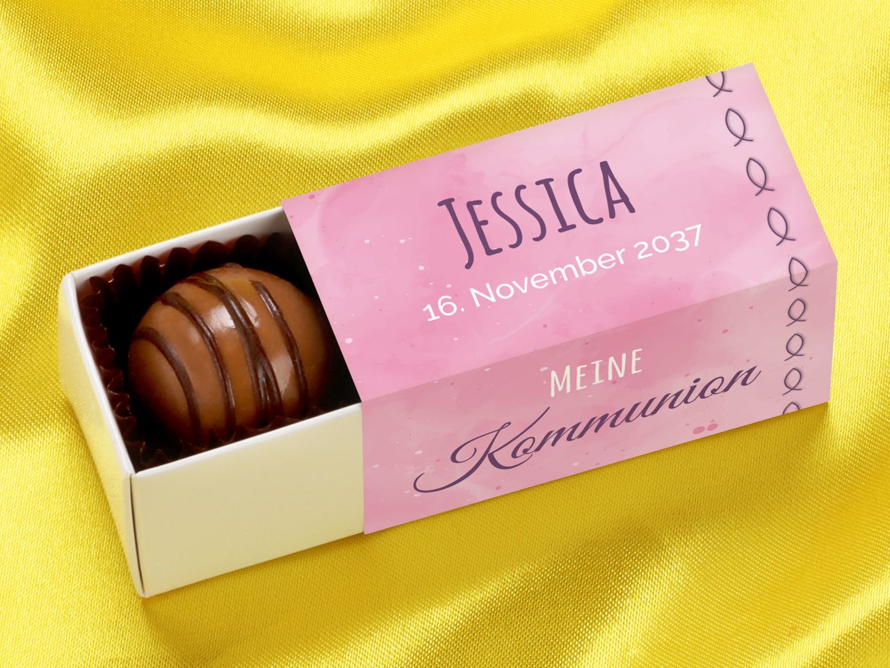 personalised truffle box for 2 truffles communion and confirmation pink