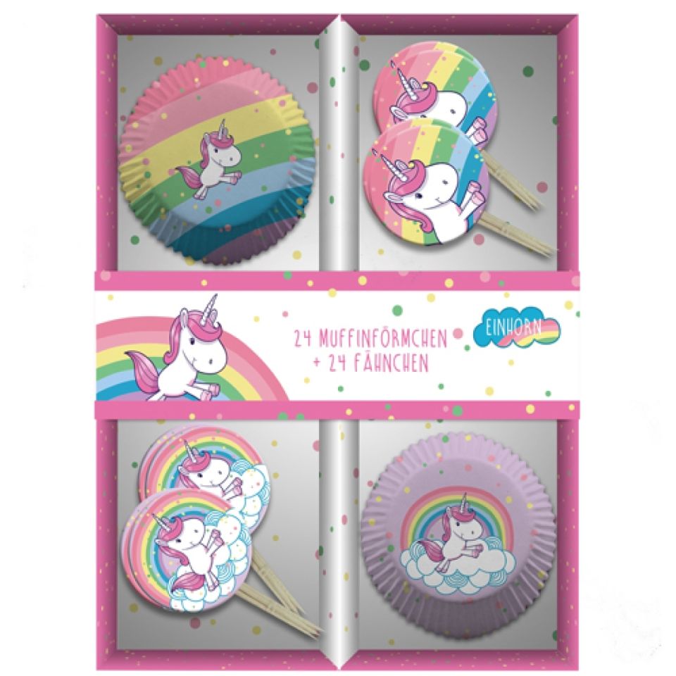 cupcake set einhorn 24 muffinfoermchen und 24 picker
