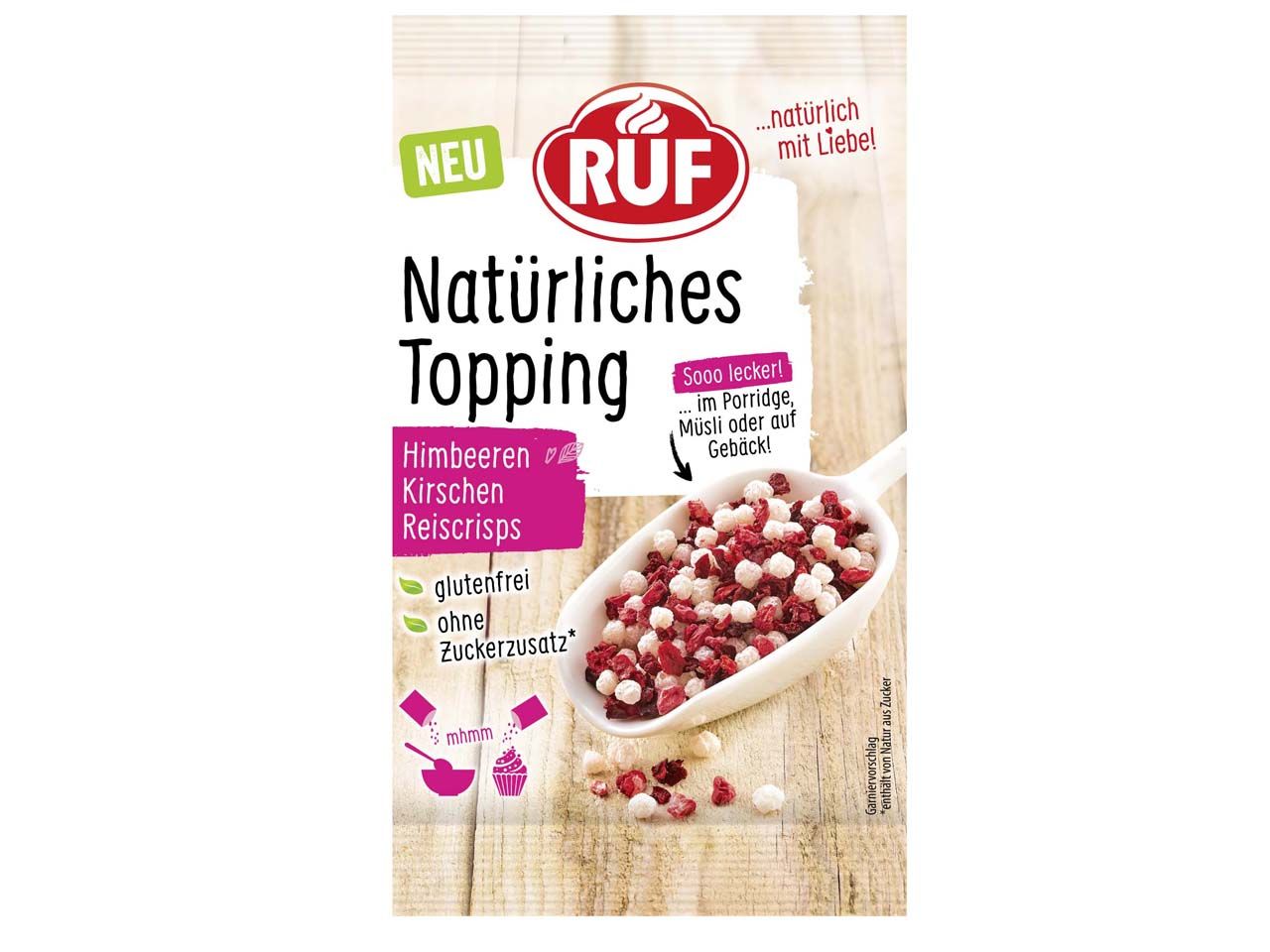 ruf natuerliches topping himbeeren kirschen und reiscrisps 15g