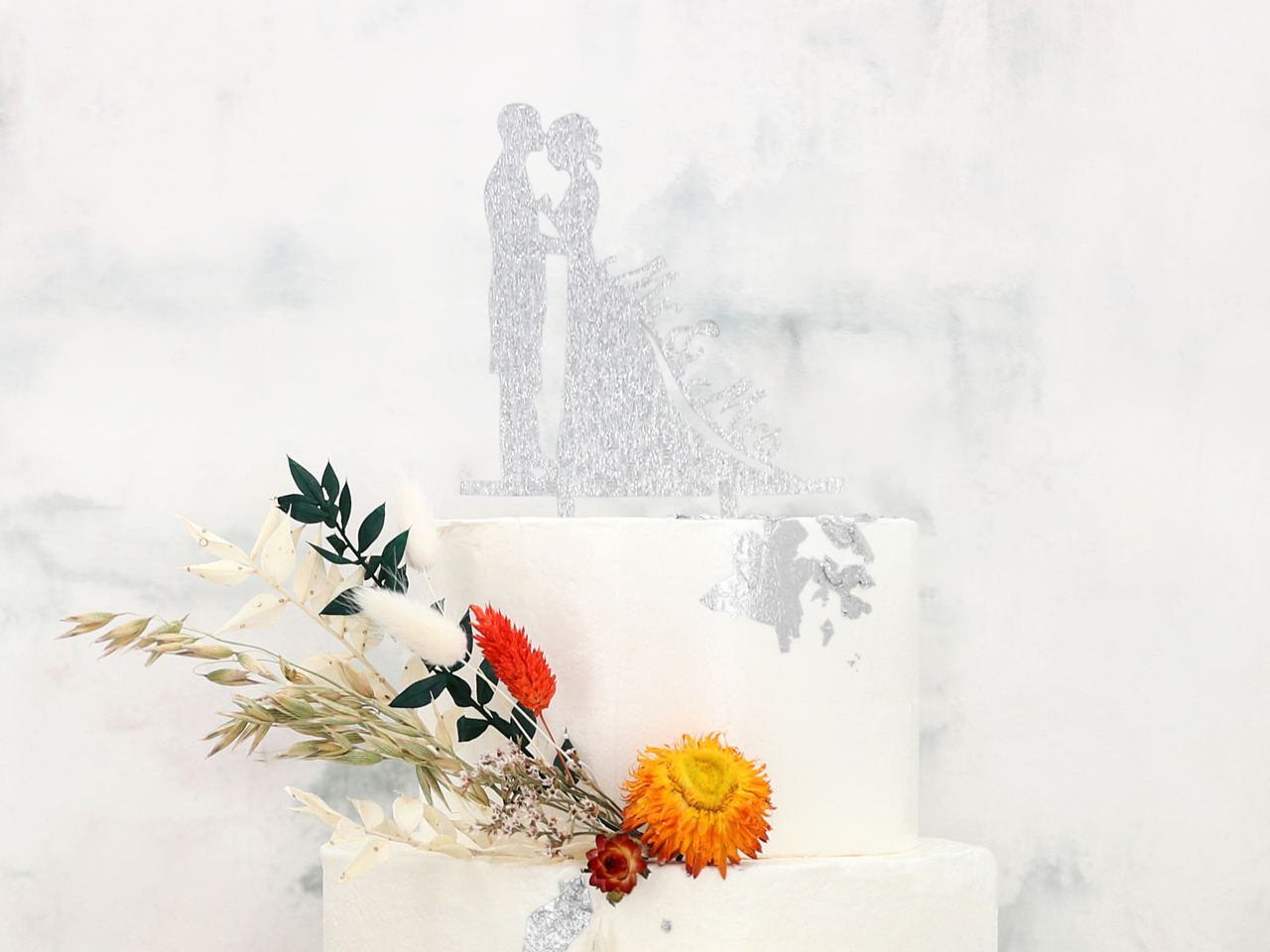 mr mrs cake topper silver