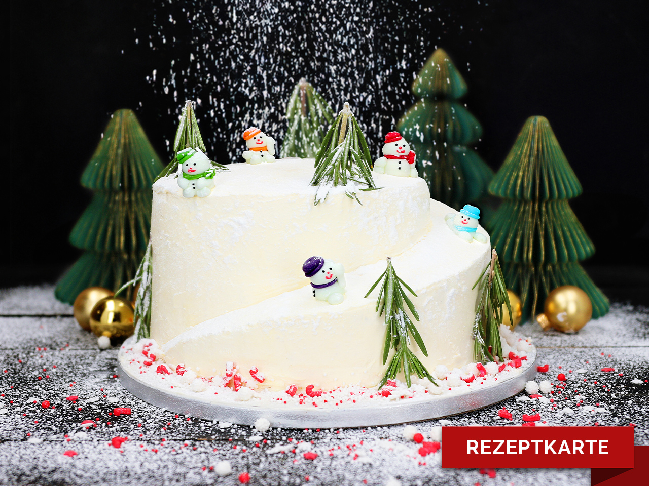 schneemann wintertorte rezeptkarte