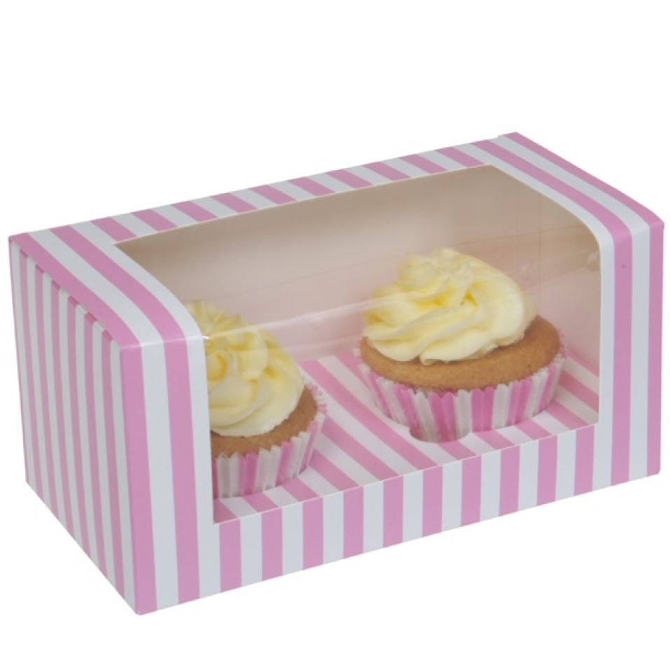 hom cupcake box fuer 2 cupcakes mit fenster pink zirkus
