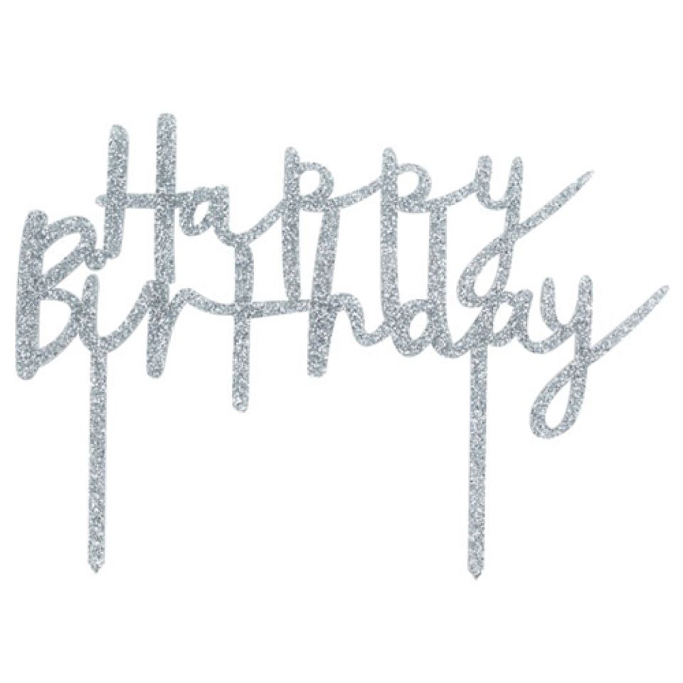 torten topper happy birthday silber acryl