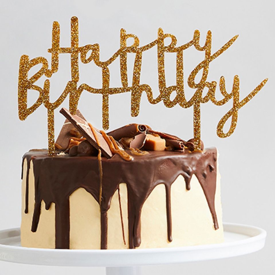 torten topper happy birthday gold acryl