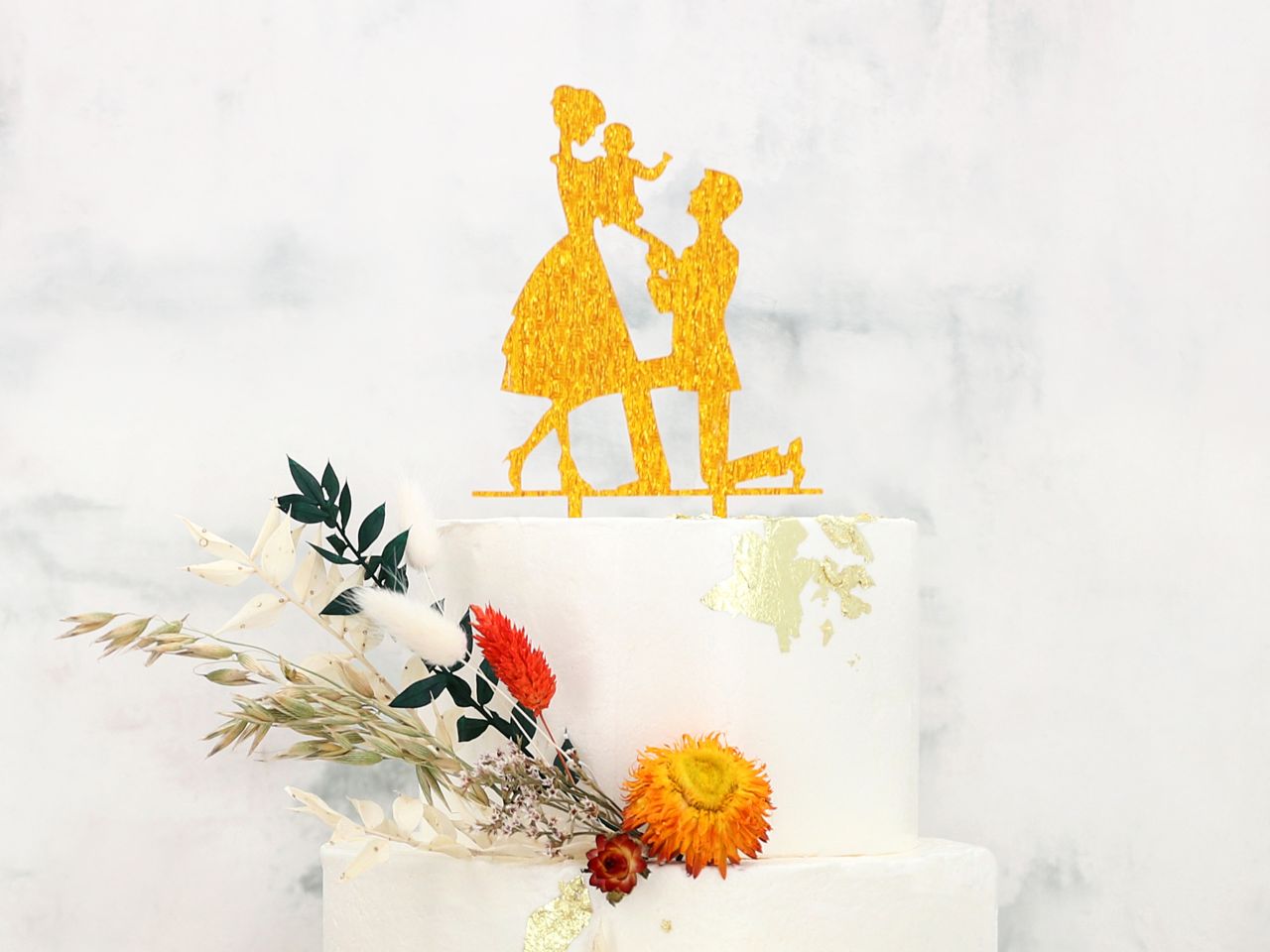 cake topper brautpaar mit kind gold