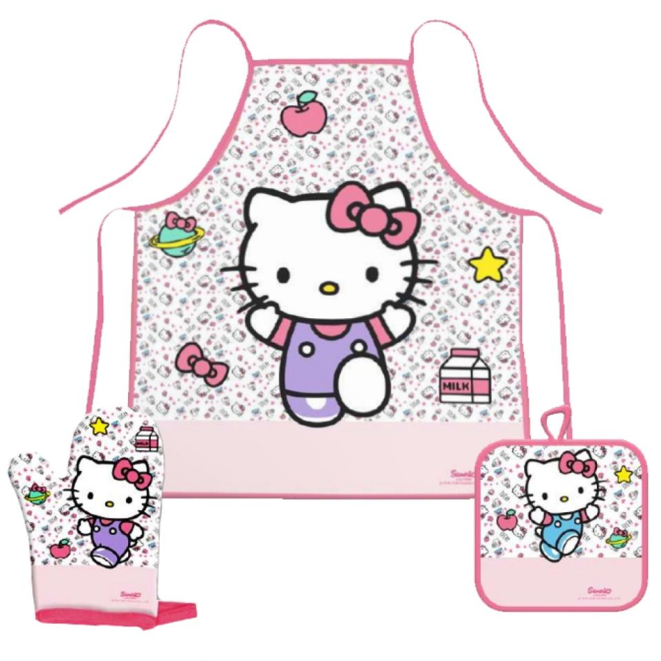 kinderschuerze hello kitty set mit handschuh und topflap