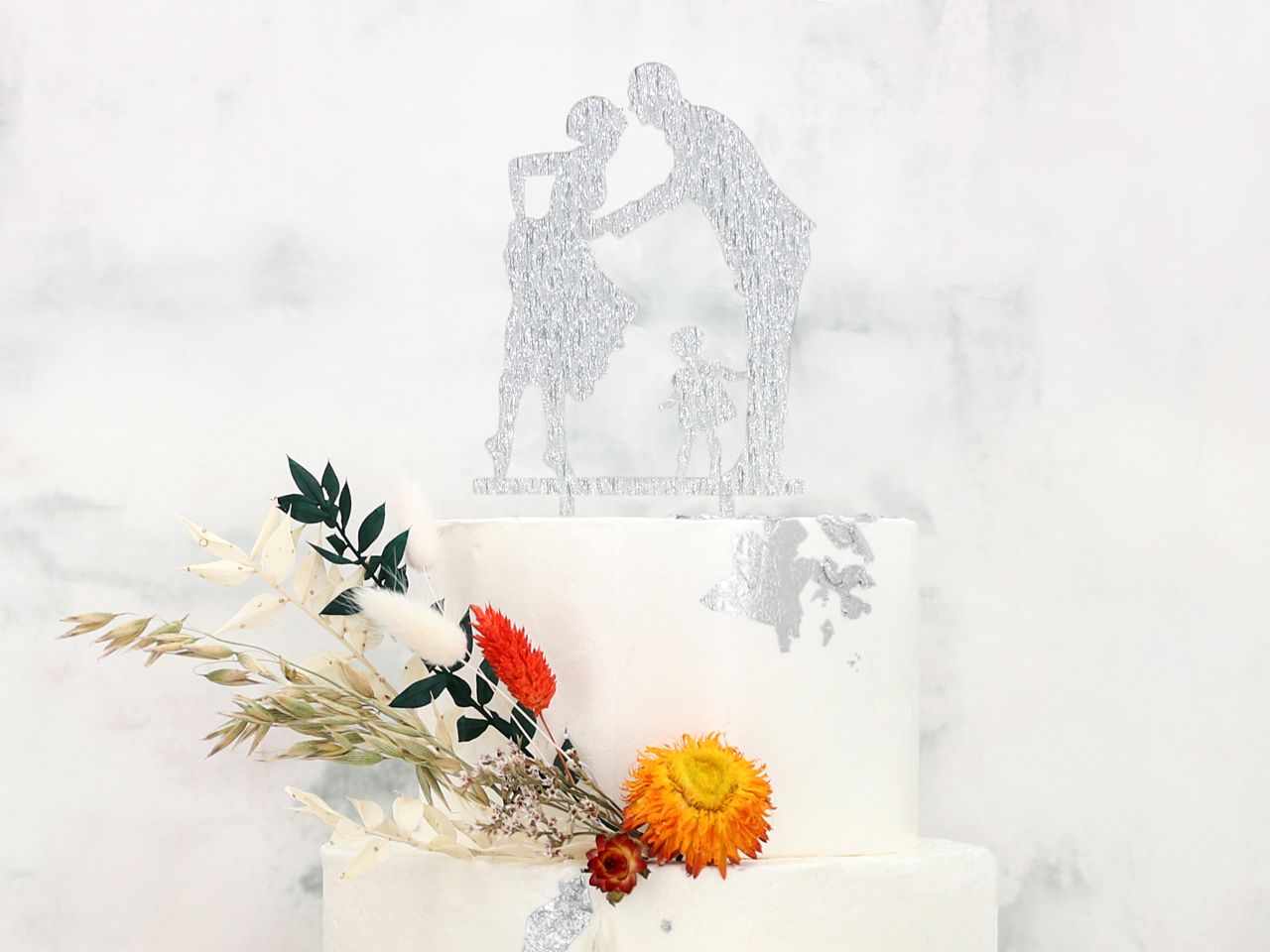 bride groom and child cake topper silver