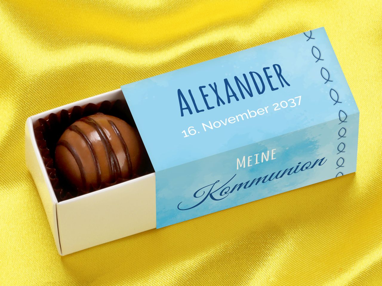 personalised truffle box for 2 truffles communion and confirmation blue