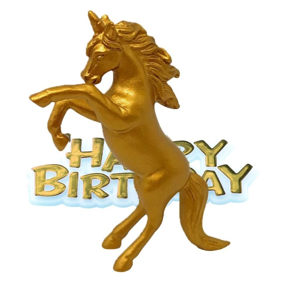 tortenfigur fuer fondant torte einhorn 5 5x8 cm gold happy birthday