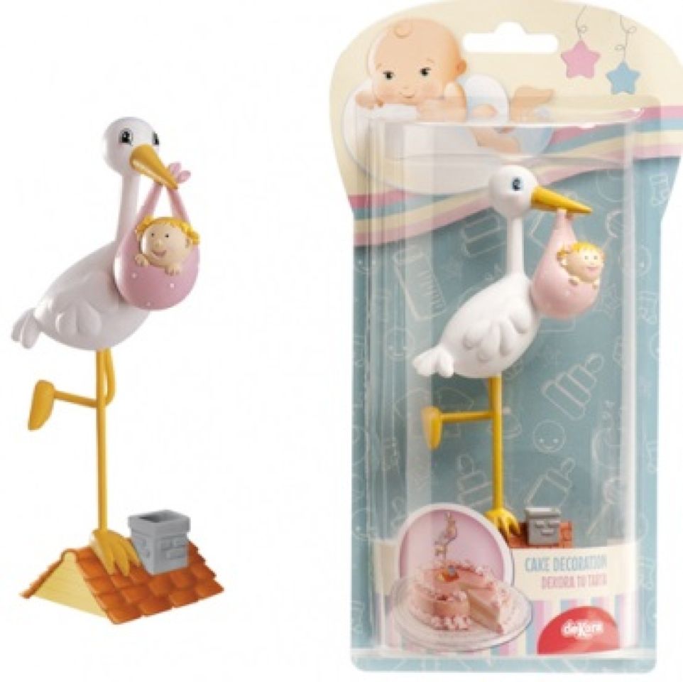 stork with baby girl cake figure 18 cm