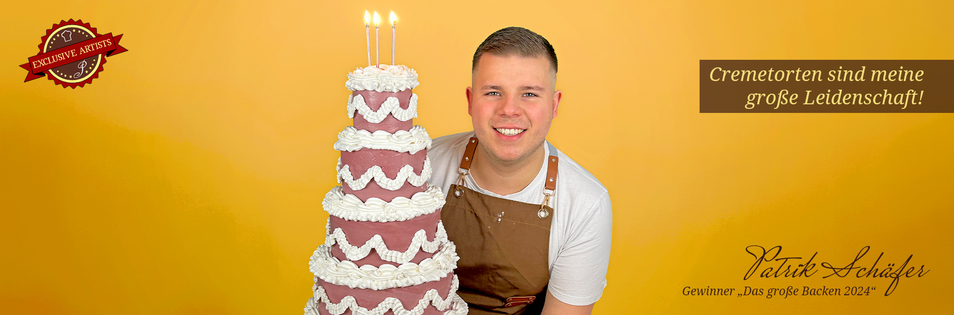 Patrick Schäfer mit mehrstöckiger Cremetorte, Gewinner von Das große Backen 2024