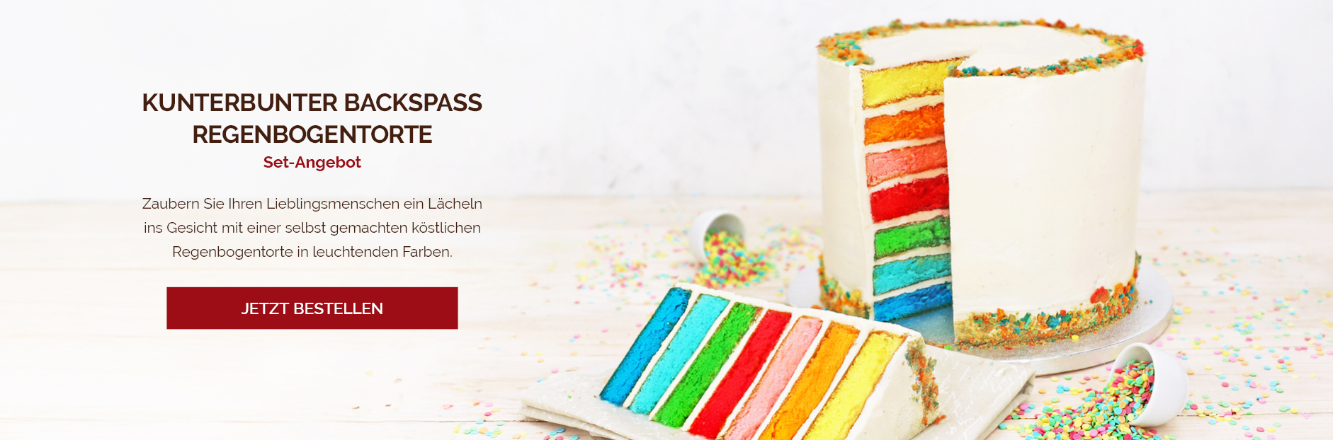 Bunte Regenbogentorte als Set-Angebot zum Selberbacken