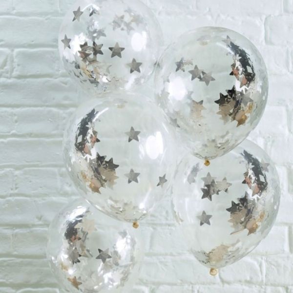 Konfettiballons Silberne Sterne, 5 Stück, 30 cm