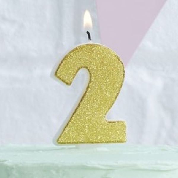 Tortenkerze mit Glitzer, Zahl 2, Gold