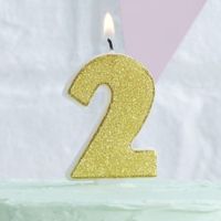 Tortenkerze mit Glitzer, Zahl 2, Gold