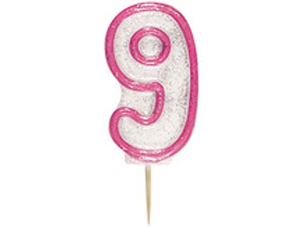 Geburtstagskerze, glitzer pink, rosa, 9