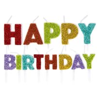 Tortenkerzen, Happy Birthday Bunt Glitzer