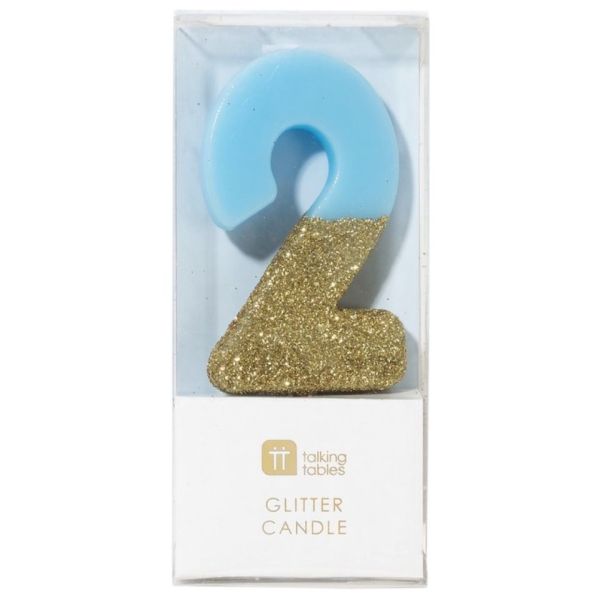 Geburtstagskerze 2 Blau Gold Glitzer